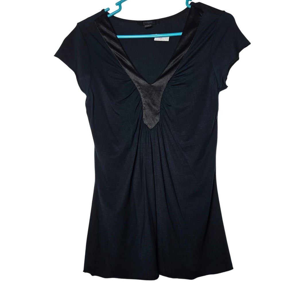 Express Women Black Satin Trim Ruched Top Medium Y2K Goth Whimsigoth Dark Office